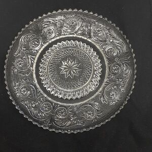 Early clear pressed glass 7" plate star and Fleur de lis pattern
